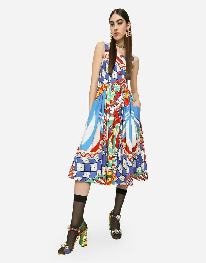 Dolce and Gabbana Dresses Women Carrettoprint Poplin Calflength Dress Multicolor Dolce and Gabbana Dresses Women Carrettoprint Poplin Calflength Dress Multicolor