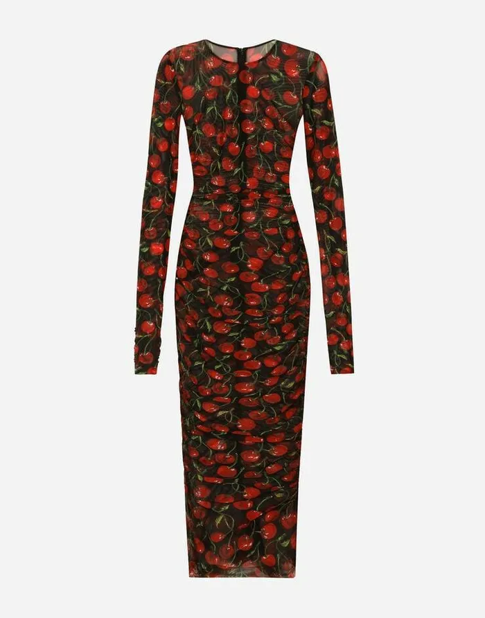 Dolce and Gabbana Dresses Women Cherryprint Tulle Calflength Dress With Draping Multicolor Dolce and Gabbana Dresses Women Cherryprint Tulle Calflength Dress With Draping Multicolor