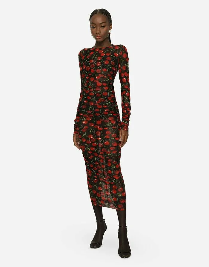 Dolce and Gabbana Dresses Women Cherryprint Tulle Calflength Dress With Draping Multicolor