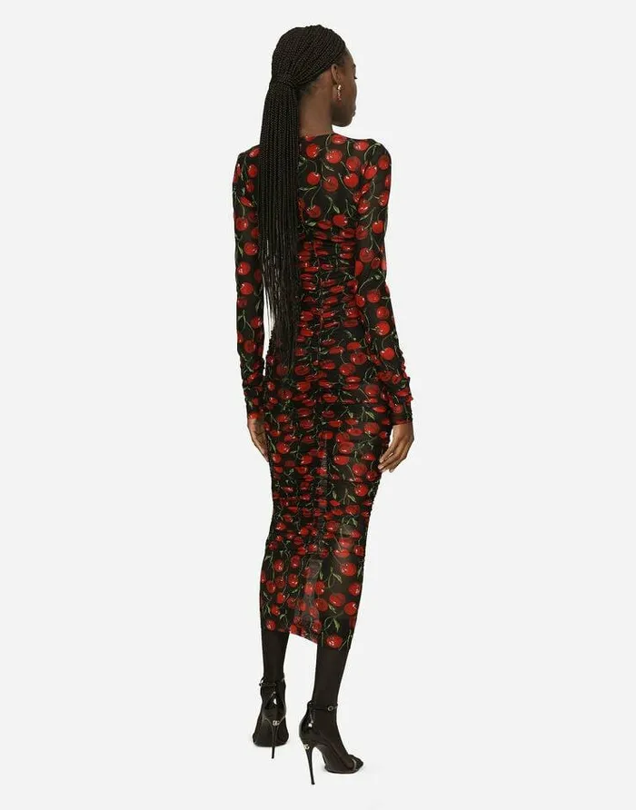 Dolce and Gabbana Dresses Women Cherryprint Tulle Calflength Dress With Draping Multicolor