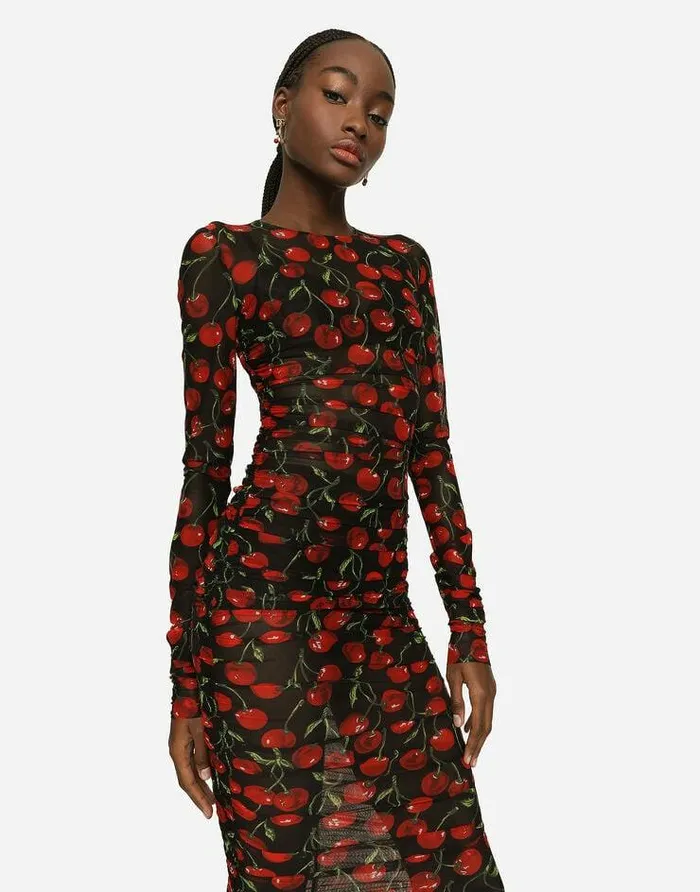 Dolce and Gabbana Dresses Women Cherryprint Tulle Calflength Dress With Draping Multicolor