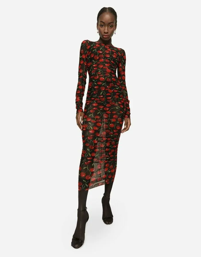 Dolce and Gabbana Dresses Women Cherryprint Tulle Calflength Dress With Draping Multicolor