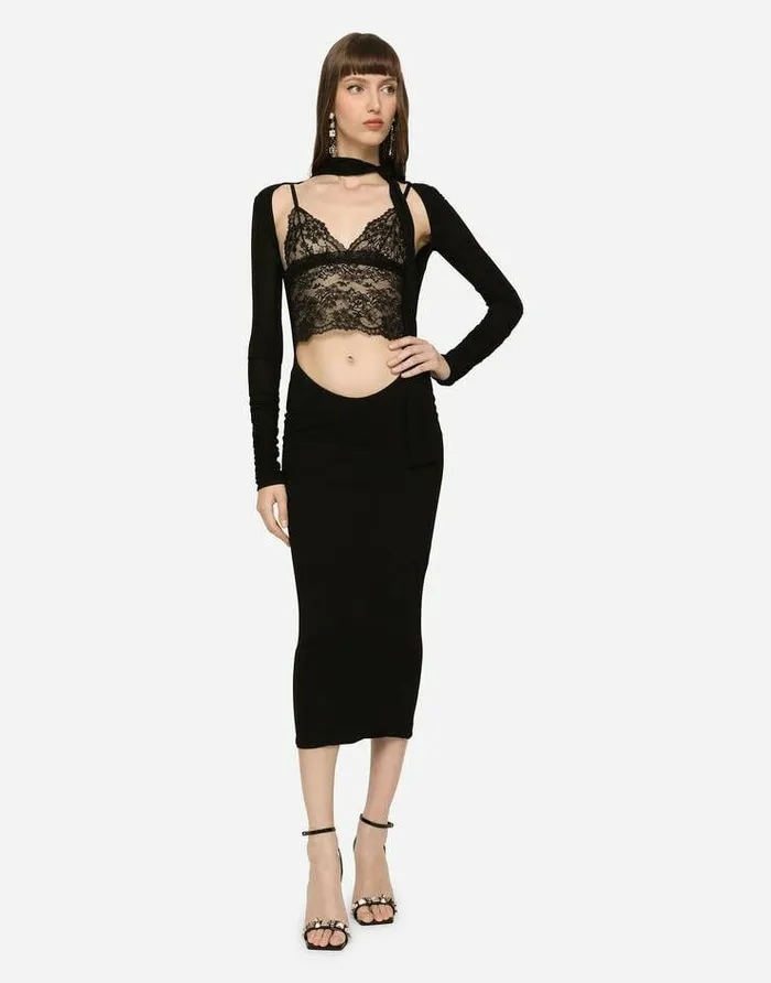 Dolce and Gabbana Dresses Women Jersey Calflength Dress With Cutout And Pussybow Black Dolce and Gabbana Dresses Women Jersey Calflength Dress With Cutout And Pussybow Black