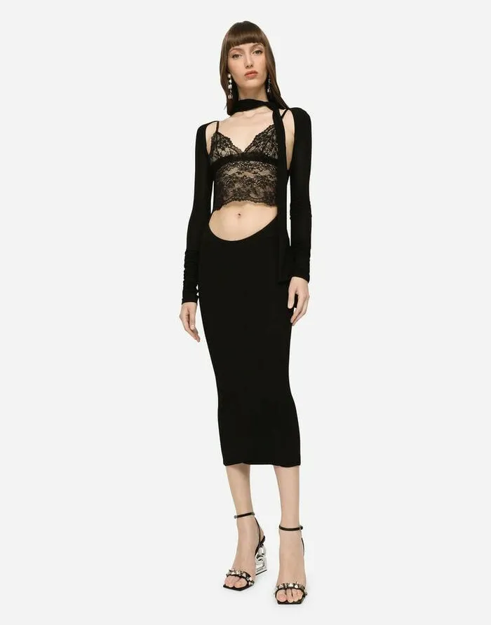 Dolce and Gabbana Dresses Women Jersey Calflength Dress With Cutout And Pussybow Black Dolce and Gabbana Dresses Women Jersey Calflength Dress With Cutout And Pussybow Black