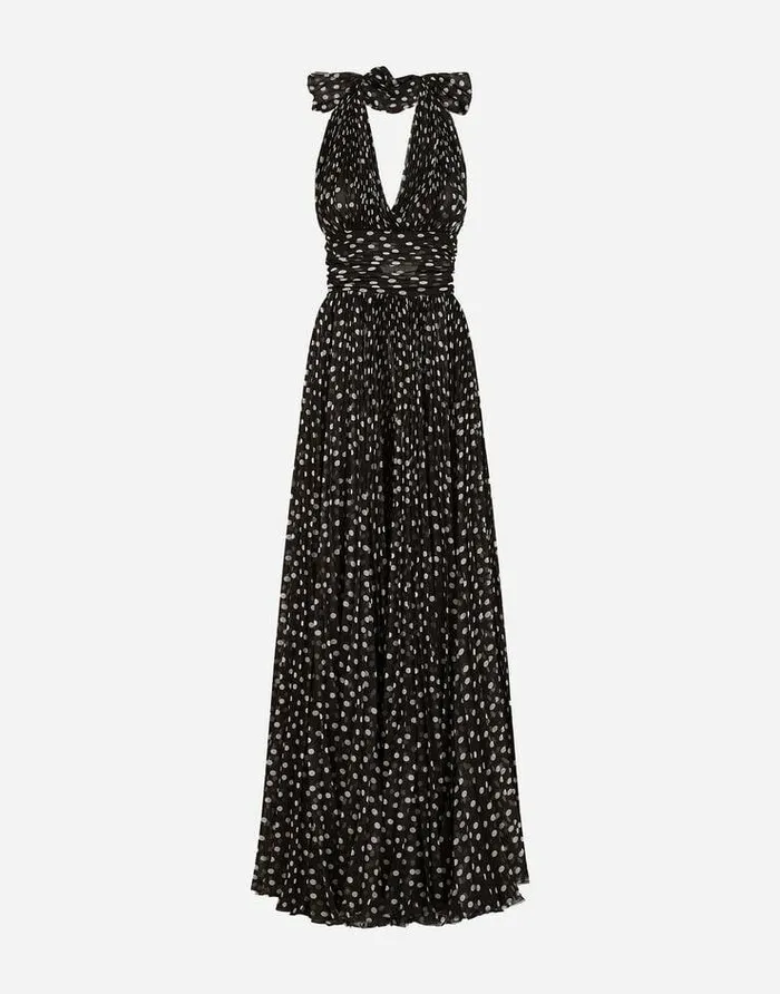Dolce and Gabbana Dresses Women Long Dress In Polkadot Print Chiffon Black