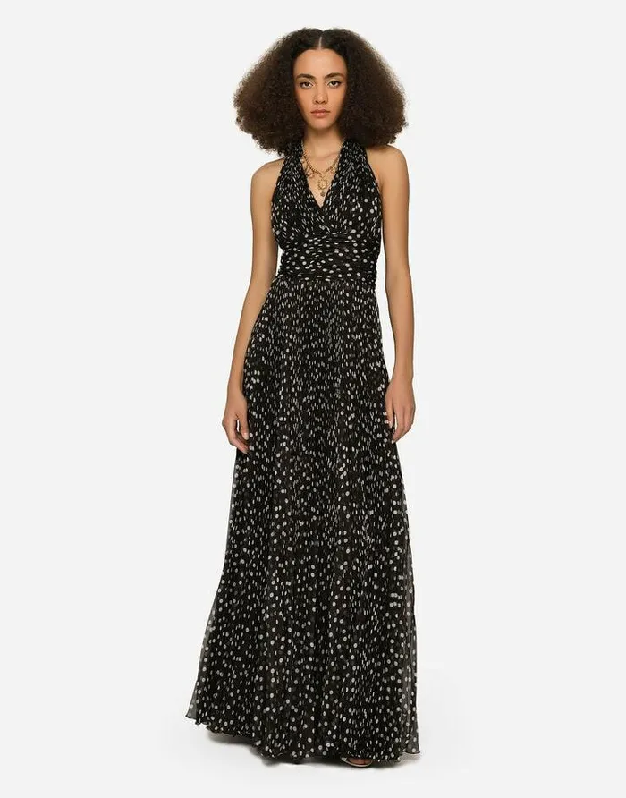 Dolce and Gabbana Dresses Women Long Dress In Polkadot Print Chiffon Black Dolce and Gabbana Dresses Women Long Dress In Polkadot Print Chiffon Black