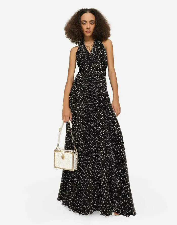 Dolce and Gabbana Dresses Women Long Dress In Polkadot Print Chiffon Black Dolce and Gabbana Dresses Women Long Dress In Polkadot Print Chiffon Black