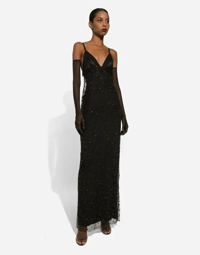 Dolce and Gabbana Dresses Women Long Tulle Slip Dress With Allover Rhinestone Embellishment Black Dolce and Gabbana Dresses Women Long Tulle Slip Dress With Allover Rhinestone Embellishment Black