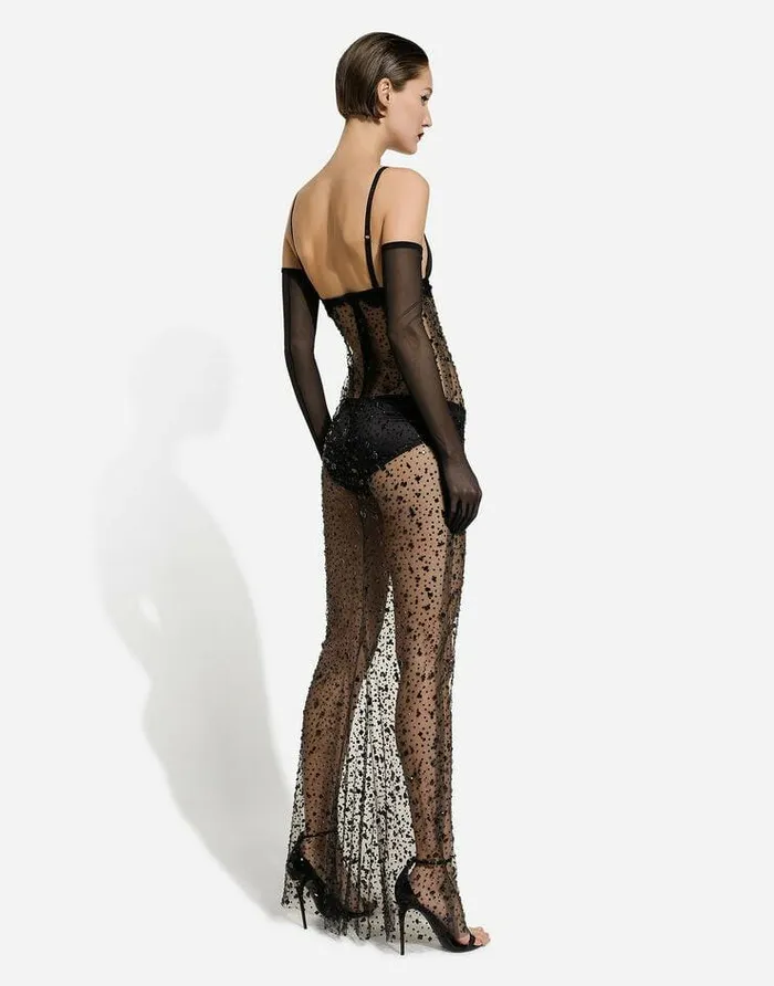 Dolce and Gabbana Dresses Women Long Tulle Slip Dress With Allover Rhinestone Embellishment Black Dolce and Gabbana Dresses Women Long Tulle Slip Dress With Allover Rhinestone Embellishment Black