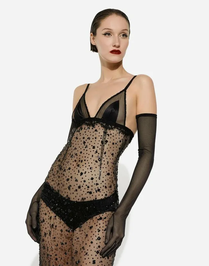 Dolce and Gabbana Dresses Women Long Tulle Slip Dress With Allover Rhinestone Embellishment Black Dolce and Gabbana Dresses Women Long Tulle Slip Dress With Allover Rhinestone Embellishment Black
