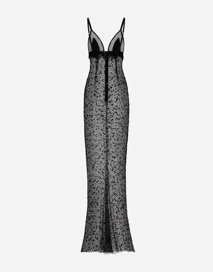 Dolce and Gabbana Dresses Women Long Tulle Slip Dress With Allover Rhinestone Embellishment Black Dolce and Gabbana Dresses Women Long Tulle Slip Dress With Allover Rhinestone Embellishment Black