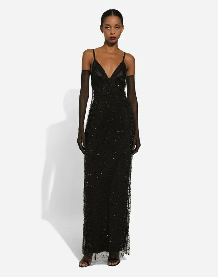 Dolce and Gabbana Dresses Women Long Tulle Slip Dress With Allover Rhinestone Embellishment Black Dolce and Gabbana Dresses Women Long Tulle Slip Dress With Allover Rhinestone Embellishment Black