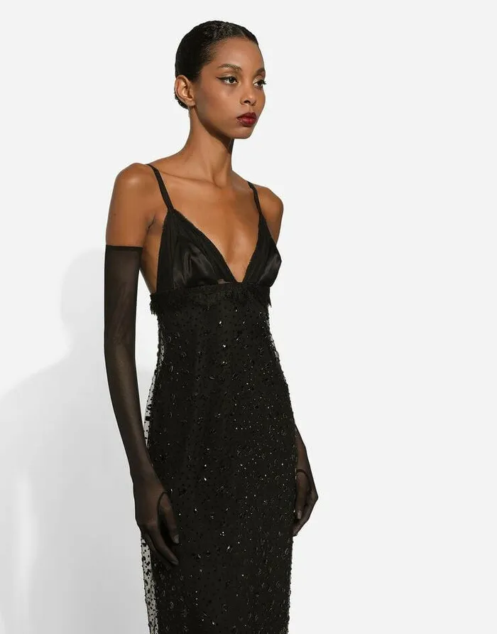 Dolce and Gabbana Dresses Women Long Tulle Slip Dress With Allover Rhinestone Embellishment Black Dolce and Gabbana Dresses Women Long Tulle Slip Dress With Allover Rhinestone Embellishment Black