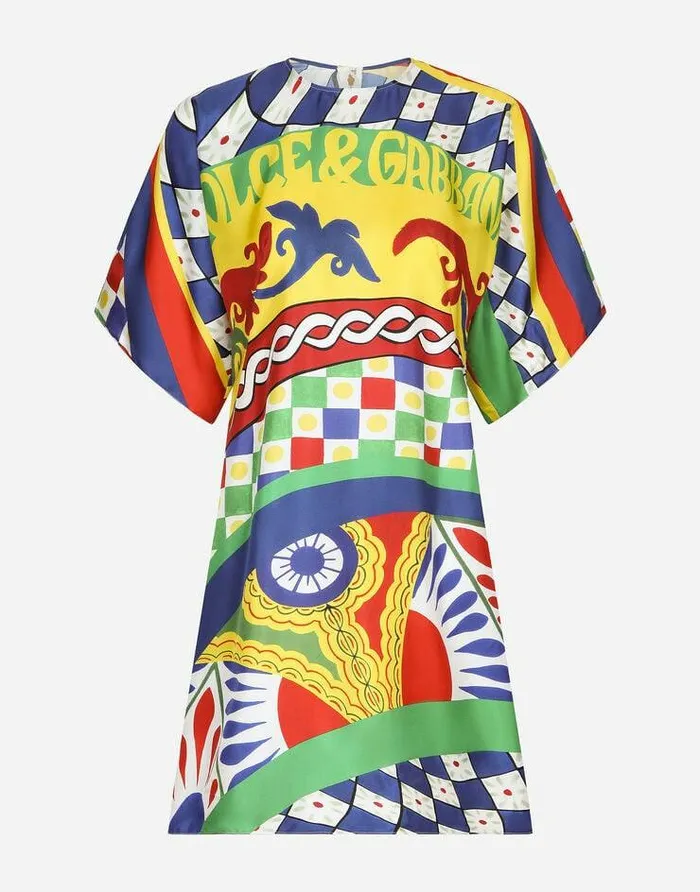 Dolce and Gabbana Dresses Women Short Carrettoprint Twill Dress Multicolor