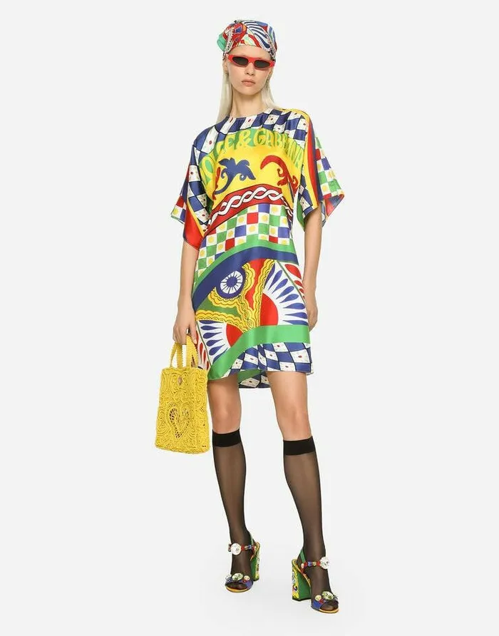Dolce and Gabbana Dresses Women Short Carrettoprint Twill Dress Multicolor