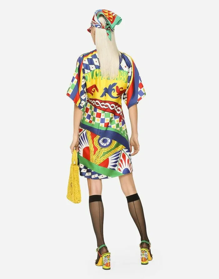 Dolce and Gabbana Dresses Women Short Carrettoprint Twill Dress Multicolor