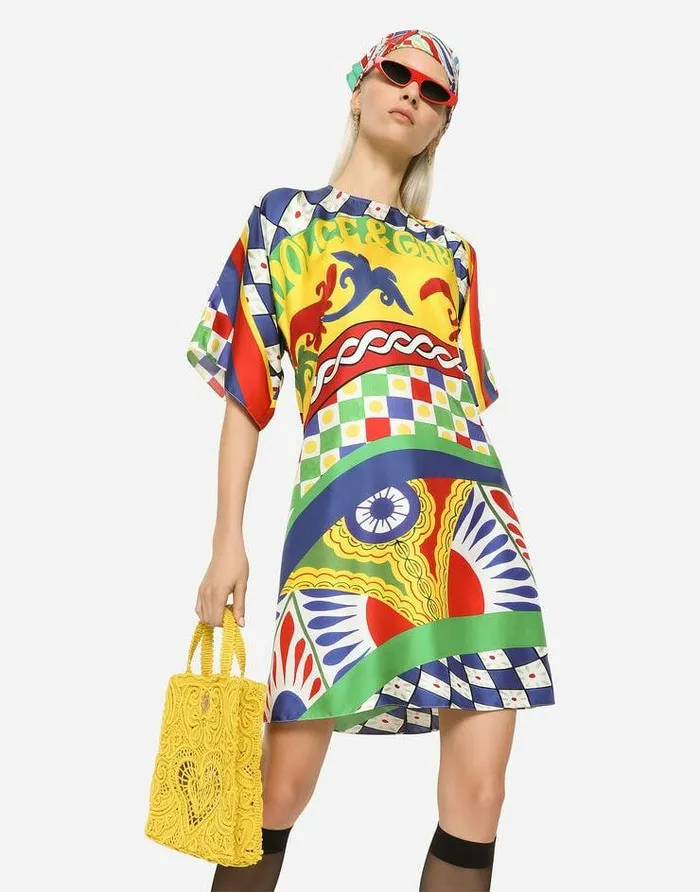 Dolce and Gabbana Dresses Women Short Carrettoprint Twill Dress Multicolor