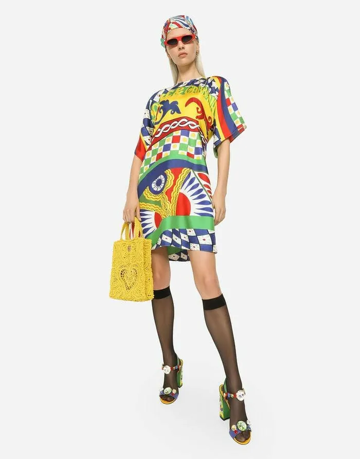 Dolce and Gabbana Dresses Women Short Carrettoprint Twill Dress Multicolor