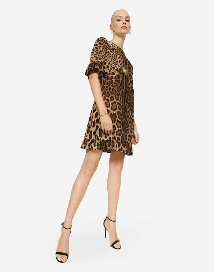 Dolce and Gabbana Dresses Women Short Leopardprint Cady Dress Multicolor