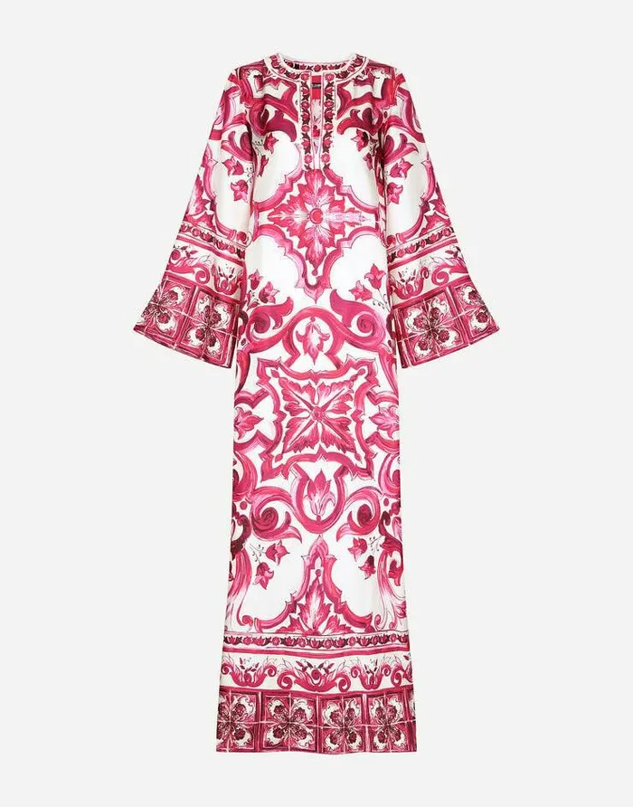 Dolce and Gabbana Dresses Women Twill Caftan With Majolica Print Multicolor