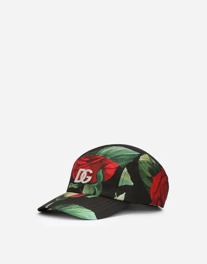 Dolce and Gabbana Hats And Gloves Women Nylon Baseball Cap With Red Rose Print Multicolor