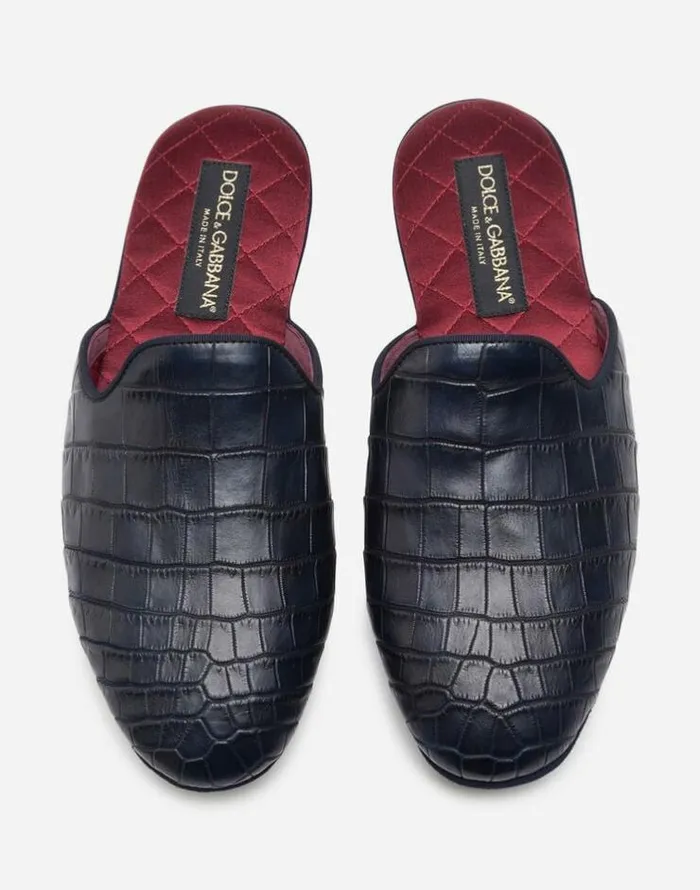 Dolce and Gabbana Loafers And Moccasins Men Silk And Crocodile Mules Blue Dolce and Gabbana Loafers And Moccasins Men Silk And Crocodile Mules Blue