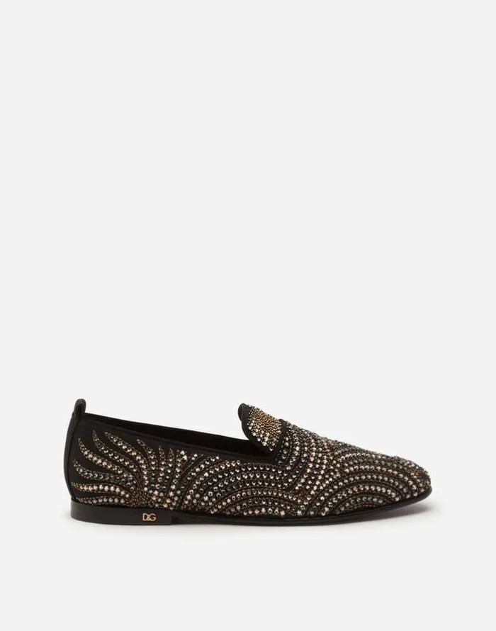 Dolce and Gabbana Loafers And Moccasins Men Slippers In Velvet With Crystals Multicolor
