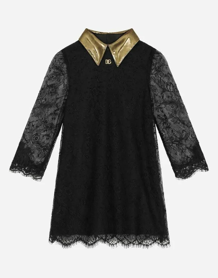 Dolce and Gabbana Mini Me Girl Children Longsleeved Lace Dress Black