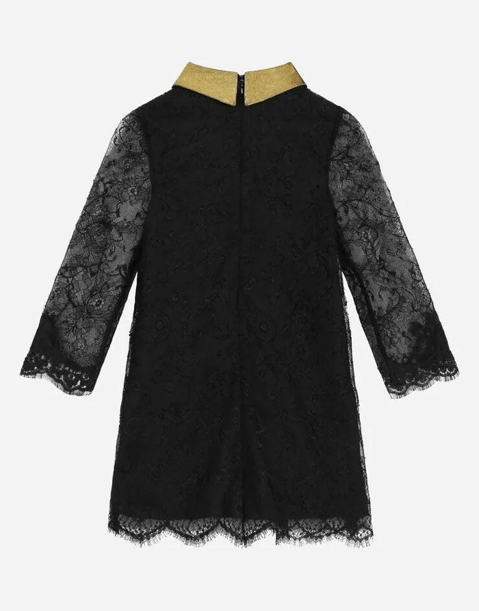 Dolce and Gabbana Mini Me Girl Children Longsleeved Lace Dress Black