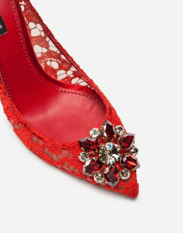 Dolce and Gabbana Pumps And Slingback Women Pump In Taormina Lace With Crystals Red Dolce and Gabbana Pumps And Slingback Women Pump In Taormina Lace With Crystals Red
