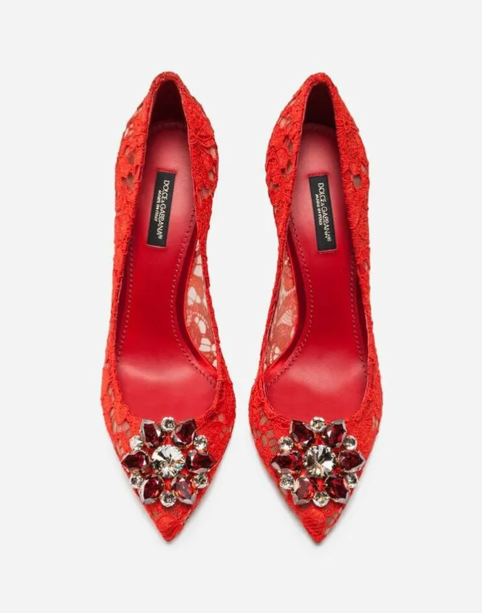 Dolce and Gabbana Pumps And Slingback Women Pump In Taormina Lace With Crystals Red Dolce and Gabbana Pumps And Slingback Women Pump In Taormina Lace With Crystals Red