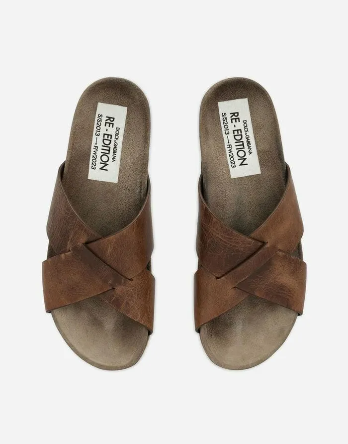 Dolce and Gabbana Sandals And Slides Men Calfskin Sliders Brown Dolce and Gabbana Sandals And Slides Men Calfskin Sliders Brown