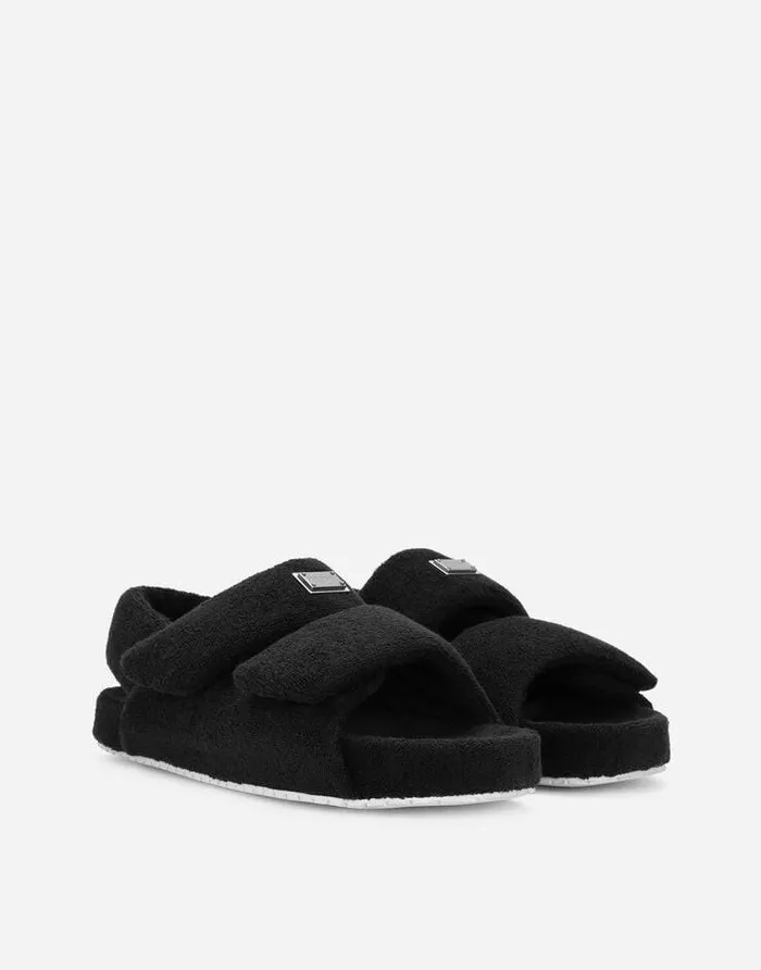 Dolce and Gabbana Sandals And Slides Men Terrycloth Sandals With Logo Tag Black Dolce and Gabbana Sandals And Slides Men Terrycloth Sandals With Logo Tag Black
