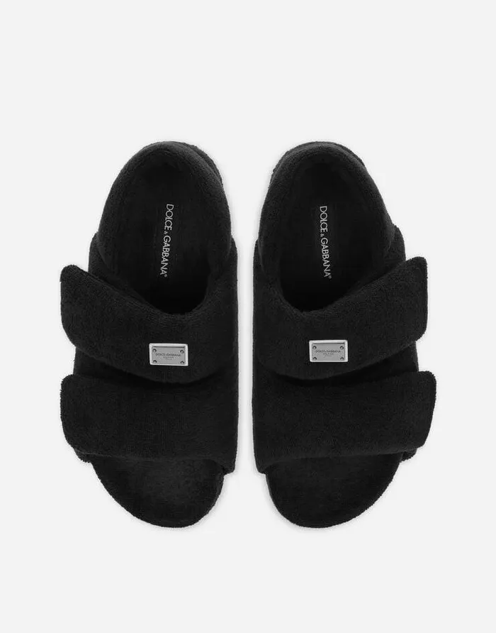 Dolce and Gabbana Sandals And Slides Men Terrycloth Sandals With Logo Tag Black Dolce and Gabbana Sandals And Slides Men Terrycloth Sandals With Logo Tag Black