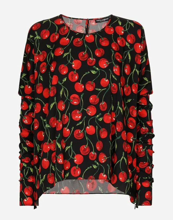 Dolce and Gabbana Shirts And Tops Women Cherryprint Charmeuse Top With Gathered Sleeves Multicolor Dolce and Gabbana Shirts And Tops Women Cherryprint Charmeuse Top With Gathered Sleeves Multicolor