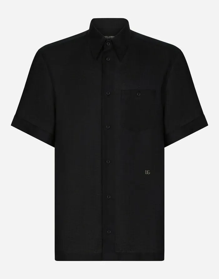 Dolce and Gabbana Shirts Men Linen Hawaiian Shirt With DG Hardware Blue