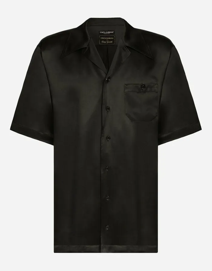 Dolce and Gabbana Shirts Men Silk Satin Hawaiian Shirt With Metal DG Logo Black Dolce and Gabbana Shirts Men Silk Satin Hawaiian Shirt With Metal DG Logo Black