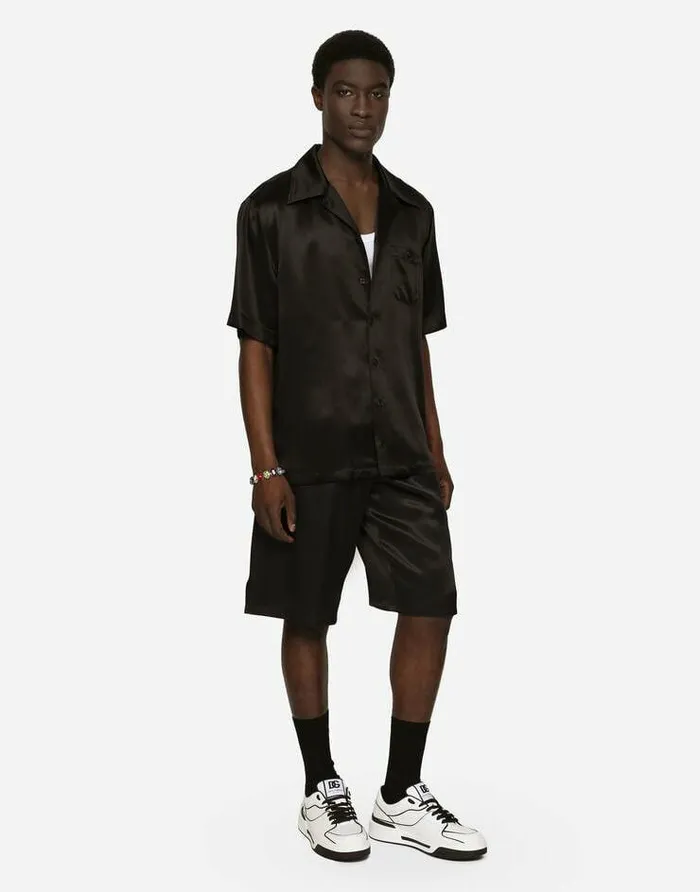 Dolce and Gabbana Shirts Men Silk Satin Hawaiian Shirt With Metal DG Logo Black