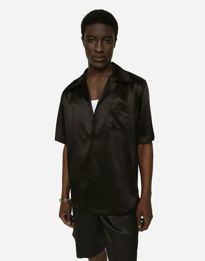 Dolce and Gabbana Shirts Men Silk Satin Hawaiian Shirt With Metal DG Logo Black