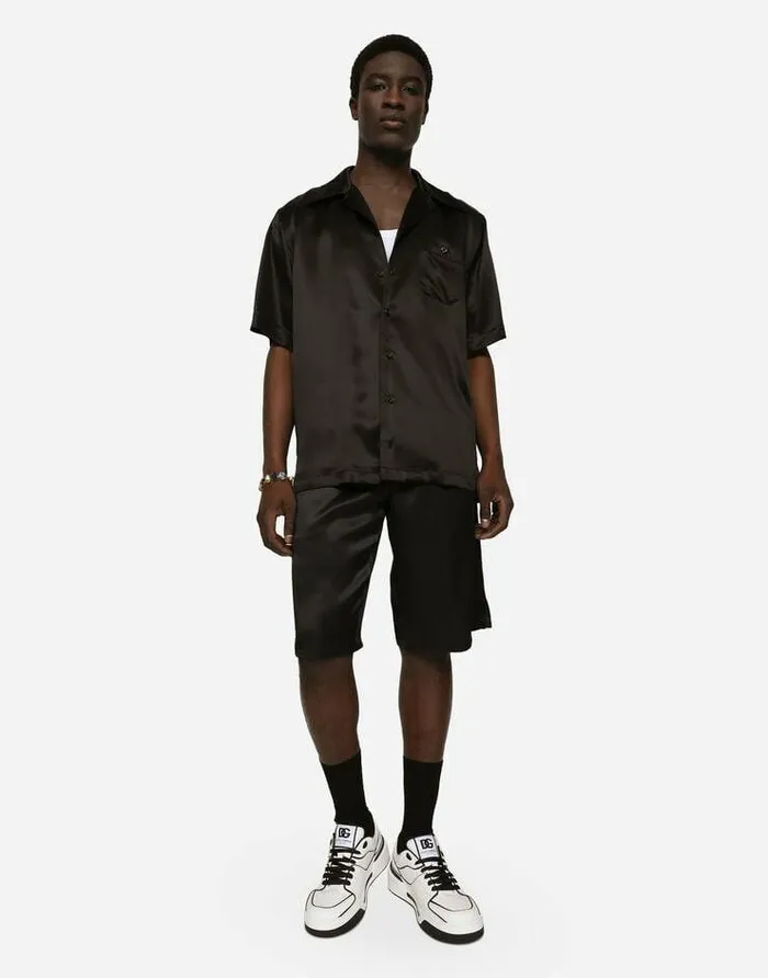 Dolce and Gabbana Shirts Men Silk Satin Hawaiian Shirt With Metal DG Logo Black