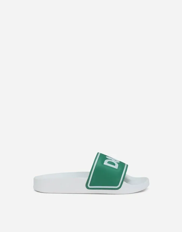 Dolce and Gabbana Shoes 2438 Children Rubber And Calfskin Sliders With Logo Print Green Dolce and Gabbana Shoes 2438 Children Rubber And Calfskin Sliders With Logo Print Green