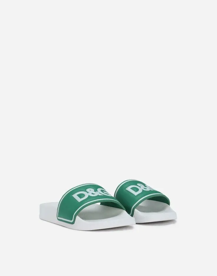Dolce and Gabbana Shoes 2438 Children Rubber And Calfskin Sliders With Logo Print Green