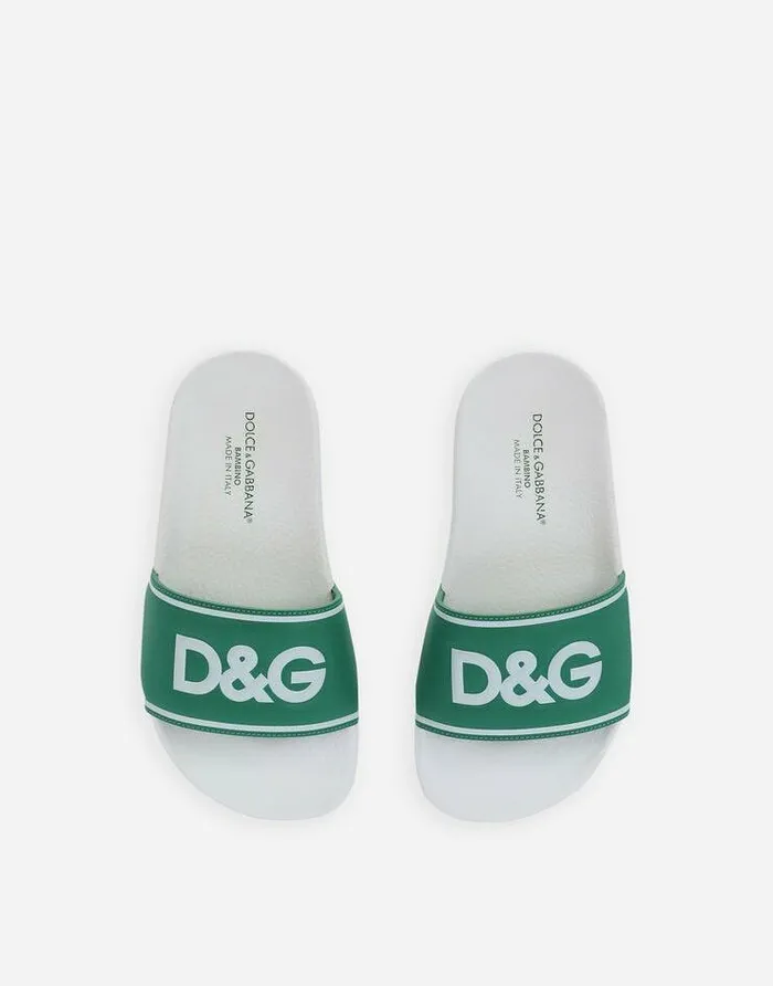 Dolce and Gabbana Shoes 2438 Children Rubber And Calfskin Sliders With Logo Print Green