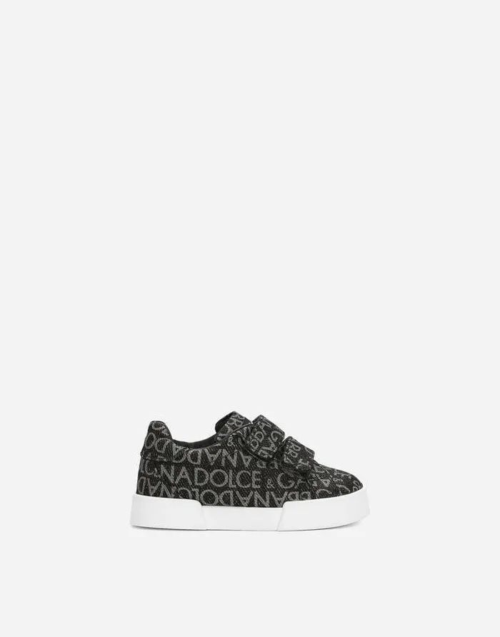 Dolce and Gabbana Shoes For First Steps 1926 Children Coated Jacquard Portofino Sneakers Black