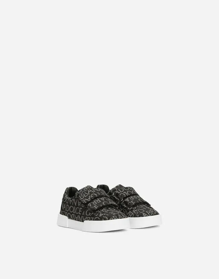 Dolce and Gabbana Shoes For First Steps 1926 Children Coated Jacquard Portofino Sneakers Black