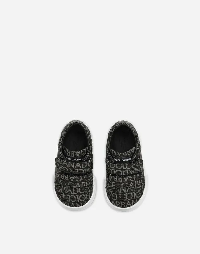 Dolce and Gabbana Shoes For First Steps 1926 Children Coated Jacquard Portofino Sneakers Black