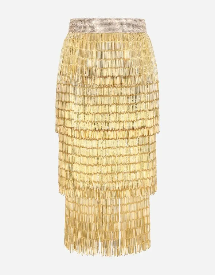 Dolce and Gabbana Skirts Women Lace Midi Skirt With Sequined Fringing Multicolor Dolce and Gabbana Skirts Women Lace Midi Skirt With Sequined Fringing Multicolor