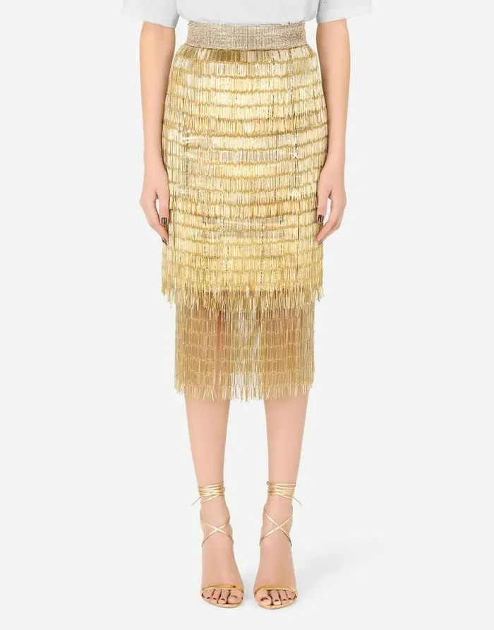 Dolce and Gabbana Skirts Women Lace Midi Skirt With Sequined Fringing Multicolor Dolce and Gabbana Skirts Women Lace Midi Skirt With Sequined Fringing Multicolor