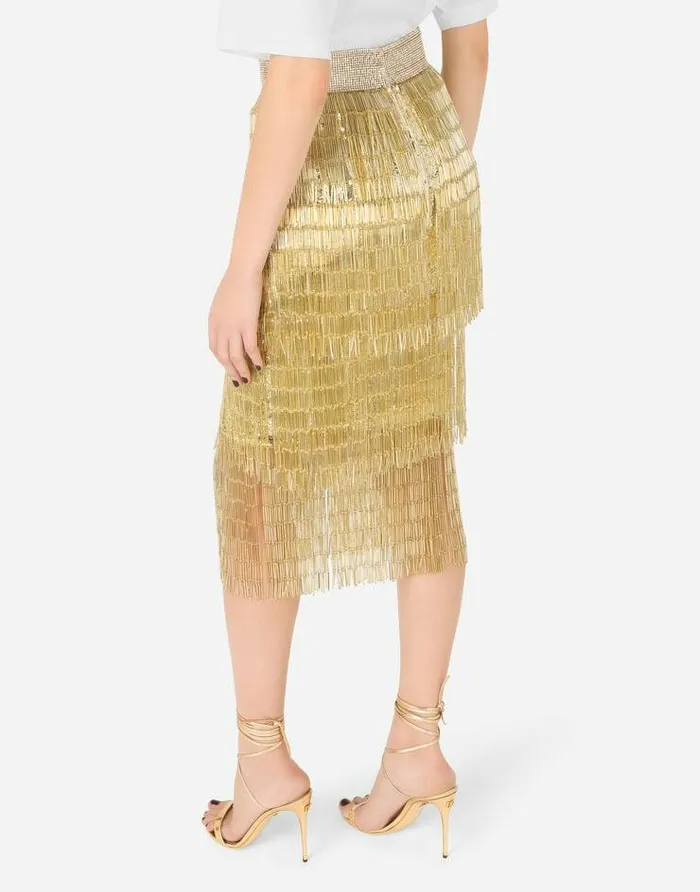 Dolce and Gabbana Skirts Women Lace Midi Skirt With Sequined Fringing Multicolor Dolce and Gabbana Skirts Women Lace Midi Skirt With Sequined Fringing Multicolor