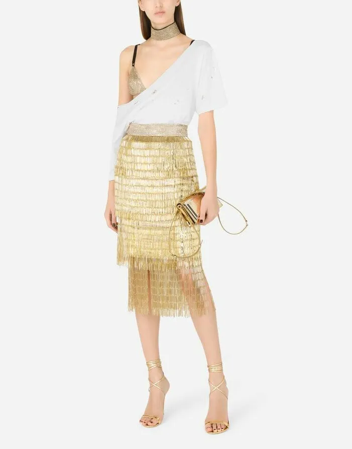 Dolce and Gabbana Skirts Women Lace Midi Skirt With Sequined Fringing Multicolor Dolce and Gabbana Skirts Women Lace Midi Skirt With Sequined Fringing Multicolor